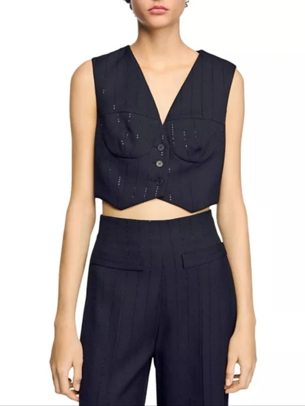 Sandro Paris Top Black Sequin Stripe Crop Vest Size 2
